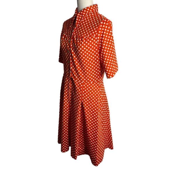 Vintage 70s Pleated Knit Shirt Dress M Red Polka Dots Point Collar Polyester - Picture 4 of 7